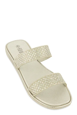 Womens Double Band Rhinestone Slide Sandals, Silver, Size 12