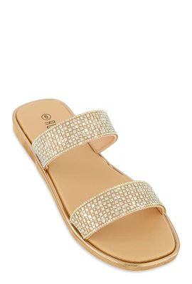 Womens Double Band Rhinestone Slide Sandals, Beige, Size 9