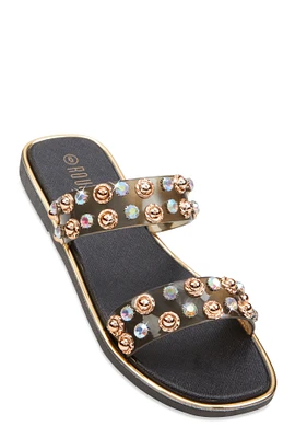 Womens Metallic Trim Studded Double Band Slide Sandals,