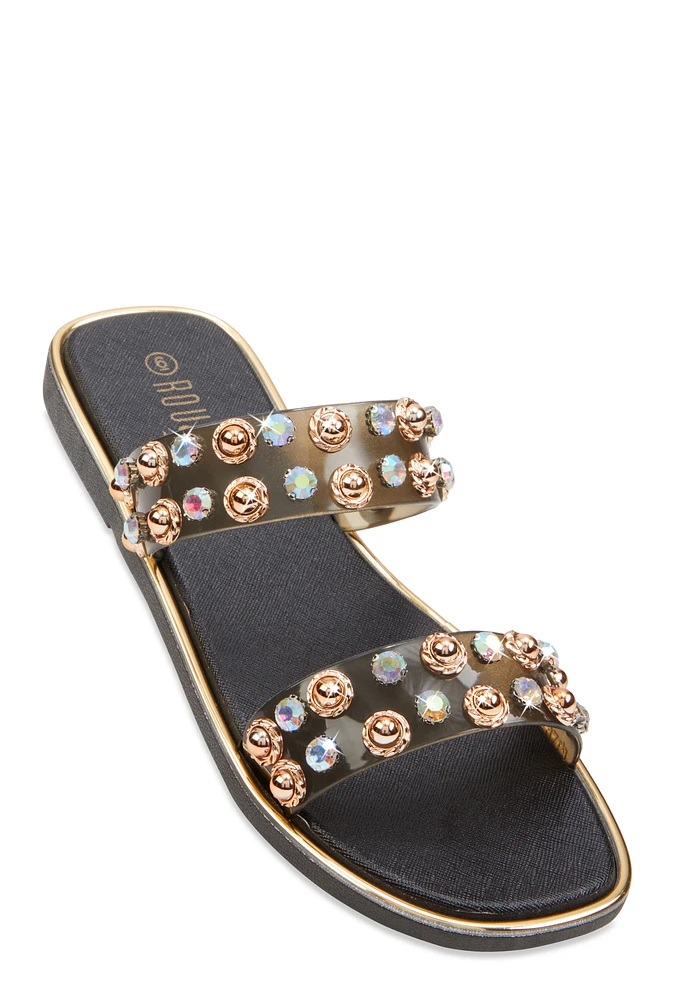 Womens Metallic Trim Studded Double Band Slide Sandals,