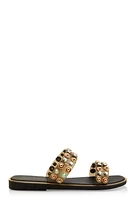Womens Metallic Trim Studded Double Band Slide Sandals,