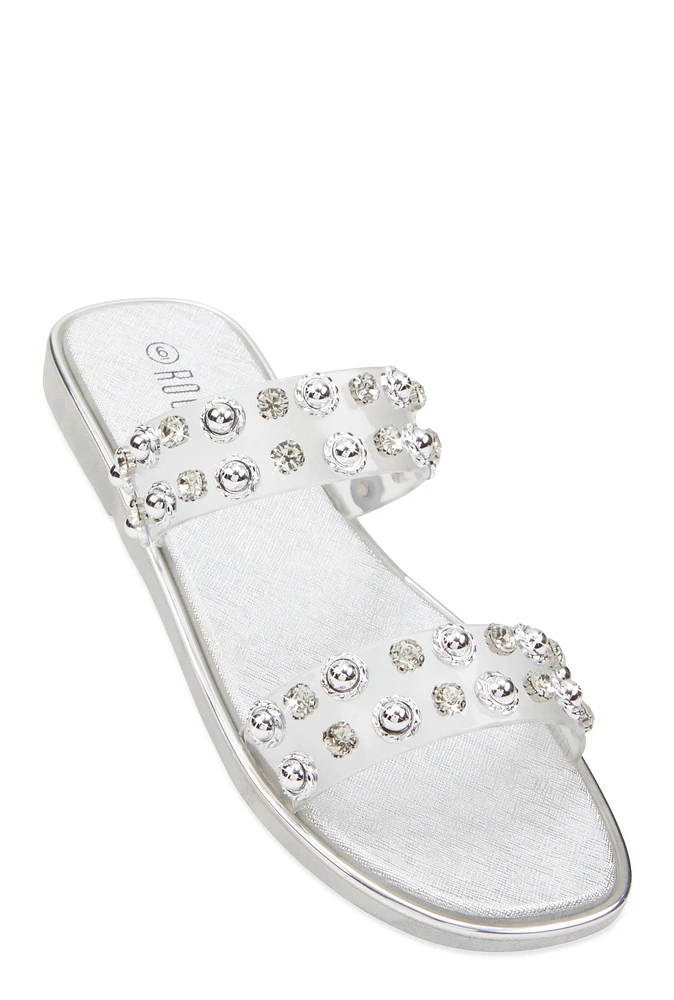 Womens Metallic Trim Studded Double Band Slide Sandals, Silver, Size 7