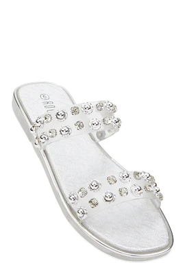 Womens Metallic Trim Studded Double Band Slide Sandals, Silver, Size 7