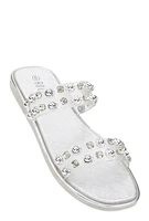 Womens Metallic Trim Studded Double Band Slide Sandals, Silver, Size 7