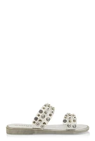 Womens Metallic Trim Studded Double Band Slide Sandals, Silver, Size 7