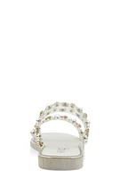 Womens Metallic Trim Studded Double Band Slide Sandals, Silver, Size 7