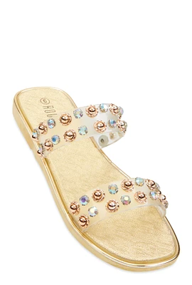 Womens Metallic Trim Studded Double Band Slide Sandals,