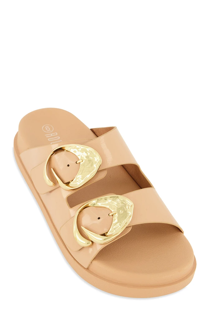 Womens Double Buckle Band Footbed Sandals, Beige, Size 11
