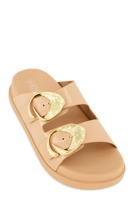 Womens Double Buckle Band Footbed Sandals, Beige, Size 11