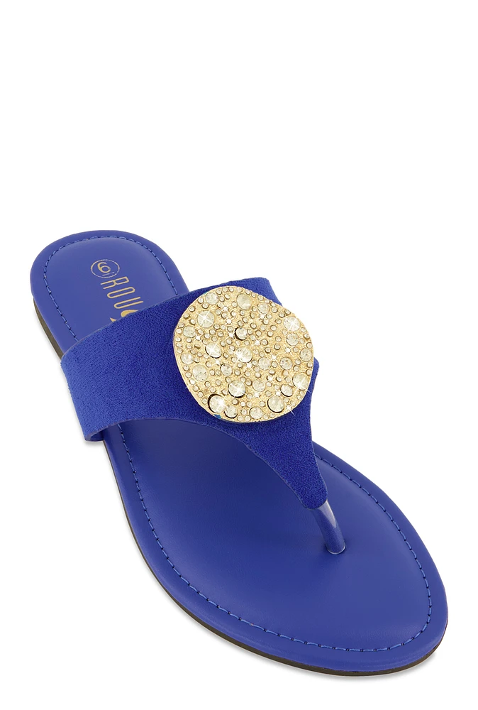 Womens Rhinestone Metallic Pendant Thong Slide Sandals,