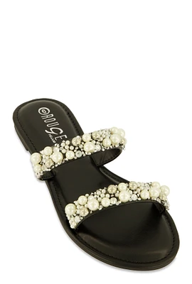 Womens Faux Pearl Rhinestone Double Band Slide Sandals, Black,
