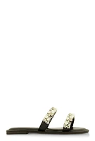 Womens Faux Pearl Rhinestone Double Band Slide Sandals, Black,