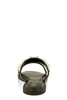 Womens Faux Pearl Rhinestone Double Band Slide Sandals, Black,