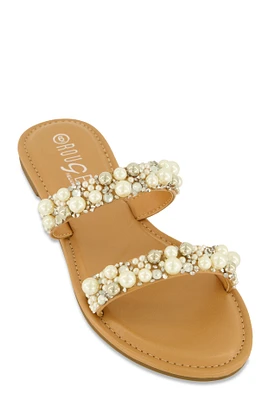 Womens Faux Pearl Rhinestone Double Band Slide Sandals, Brown, Size 10