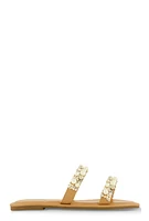Womens Faux Pearl Rhinestone Double Band Slide Sandals, Brown, Size 10
