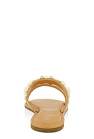 Womens Faux Pearl Rhinestone Double Band Slide Sandals, Brown, Size 10