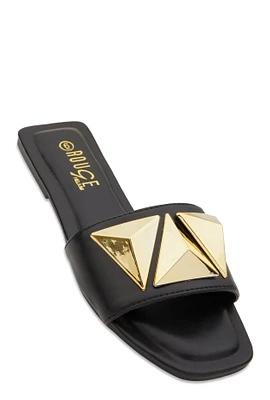 Womens Geometric Metallic Pendant Slide Sandals, Black, Size 12