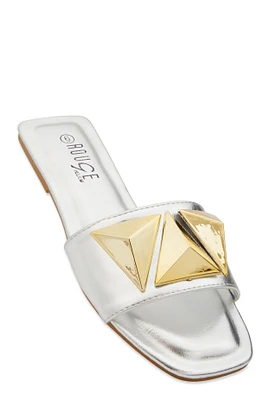 Womens Geometric Metallic Pendant Slide Sandals, Silver, Size 11