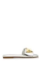 Womens Geometric Metallic Pendant Slide Sandals, Silver, Size 11