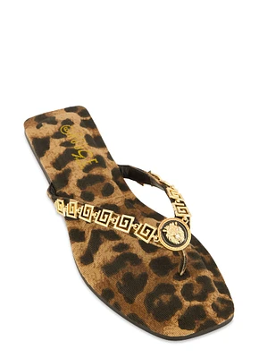 Womens Lion Pendant Greek Key Chain Thong Sandals,