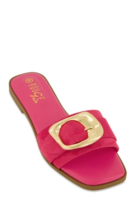 Womens Metallic Buckle Band Slide Sandals,