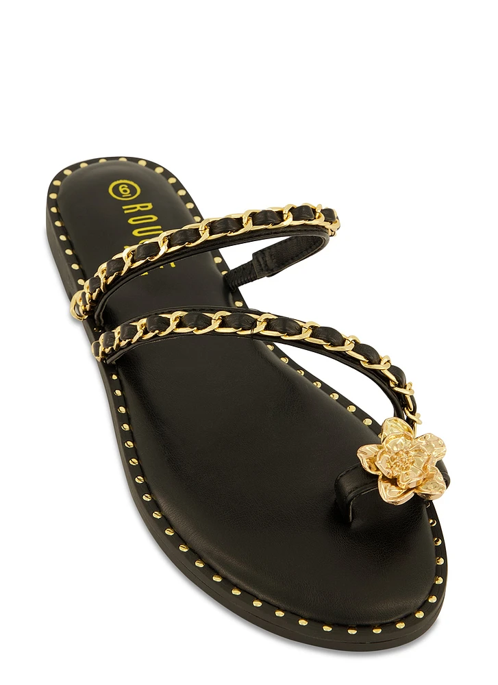 Womens Threaded Chain Strap Toe Loop Sandals, Black,