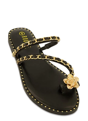 Womens Threaded Chain Strap Toe Loop Sandals, Black,