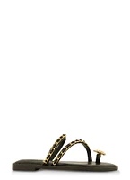 Womens Threaded Chain Strap Toe Loop Sandals, Black,