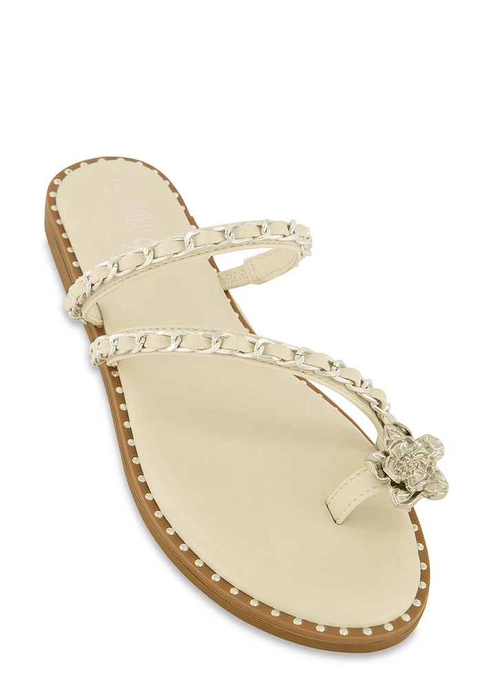 Womens Threaded Chain Strap Toe Loop Sandals, White, Size 9