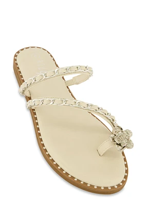 Womens Threaded Chain Strap Toe Loop Sandals, White, Size 9