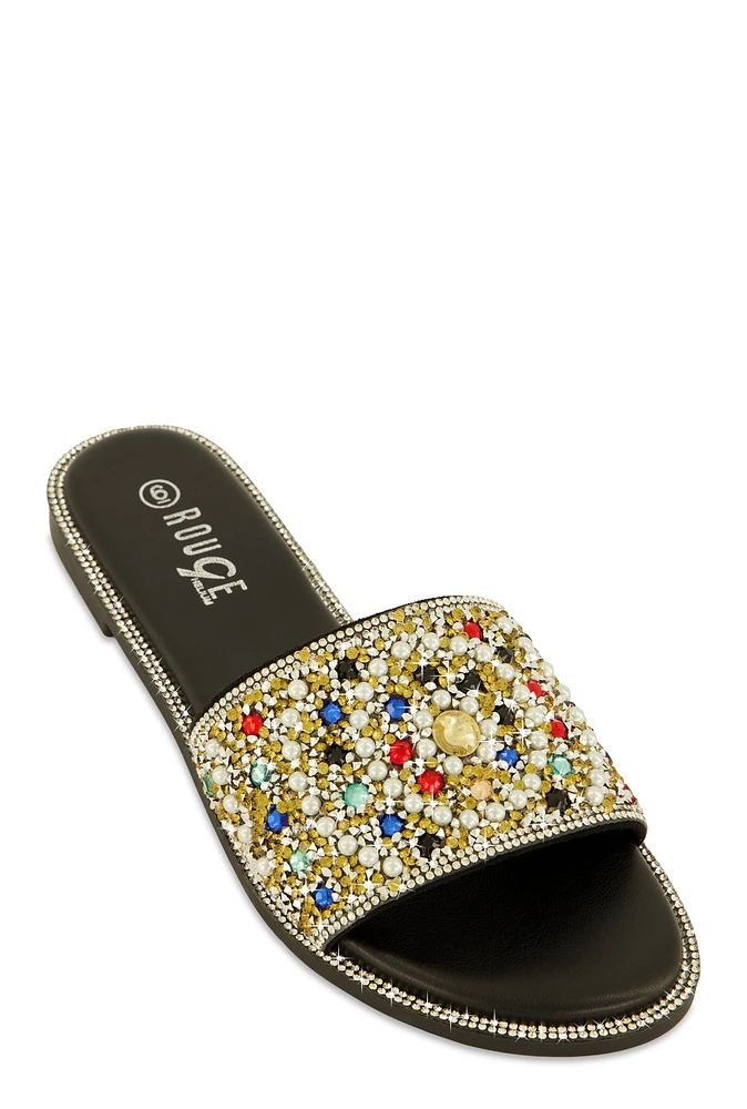 Womens Faux Pearl Rhinestone Embellished Slide Sandals, Black,