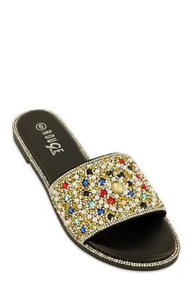 Womens Faux Pearl Rhinestone Embellished Slide Sandals, Black,