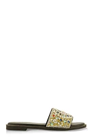Womens Faux Pearl Rhinestone Embellished Slide Sandals, Black,