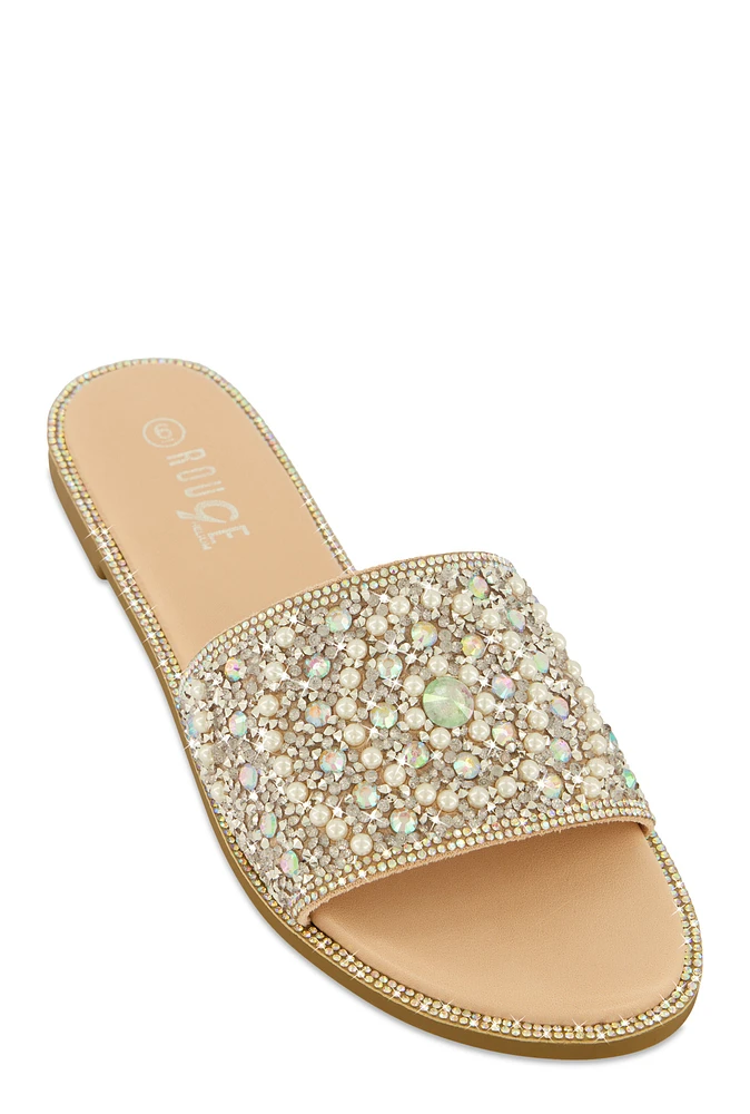 Womens Faux Pearl Rhinestone Embellished Slide Sandals, Beige,