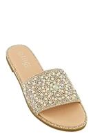 Womens Faux Pearl Rhinestone Embellished Slide Sandals, Beige,