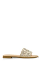 Womens Faux Pearl Rhinestone Embellished Slide Sandals, Beige,