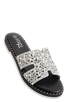 Womens Rhinestone Studded Cut Out Band Slide Sandals