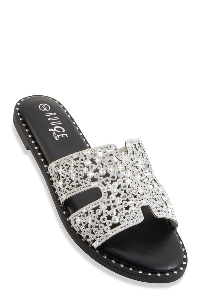Womens Rhinestone Studded Cut Out Band Slide Sandals, Black, Size 12