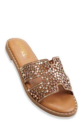 Womens Rhinestone Studded Cut Out Band Slide Sandals, Brown,