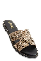 Womens Studded Rhinestone Cut Out Band Slide Sandals