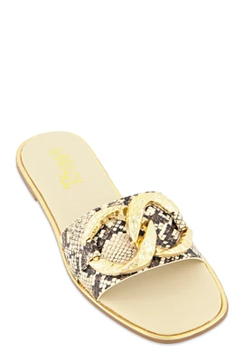 Womens Oversized Chain Detail Band Slide Sandals, Beige, Size 9