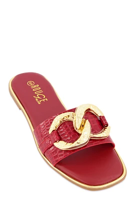 Womens Oversized Chain Detail Band Slide Sandals, Red,