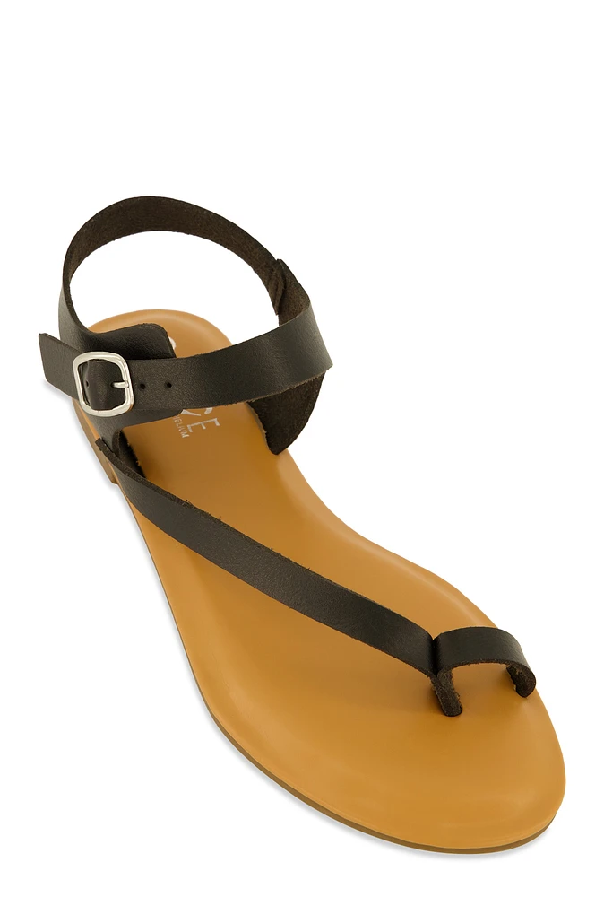 Womens Toe Loop Asymmetrical Ankle Strap Sandals,