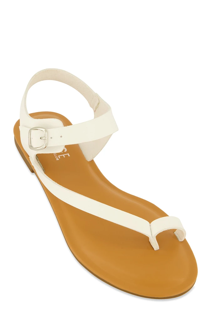 Womens Toe Loop Asymmetrical Ankle Strap Sandals, White, Size 5.5
