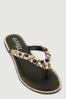 Womens Faux Pearl Rhinestone Thong Slide Sandals, Black, Size 7.5