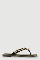Womens Faux Pearl Rhinestone Thong Slide Sandals, Black, Size 7.5