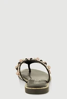 Womens Faux Pearl Rhinestone Thong Slide Sandals, Black, Size 7.5