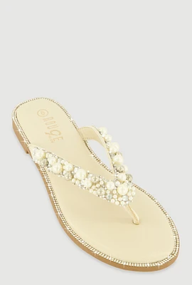 Womens Faux Pearl Rhinestone Thong Slide Sandals,