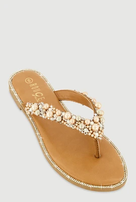 Womens Faux Pearl Rhinestone Thong Slide Sandals, Brown,