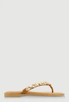 Womens Faux Pearl Rhinestone Thong Slide Sandals, Brown,